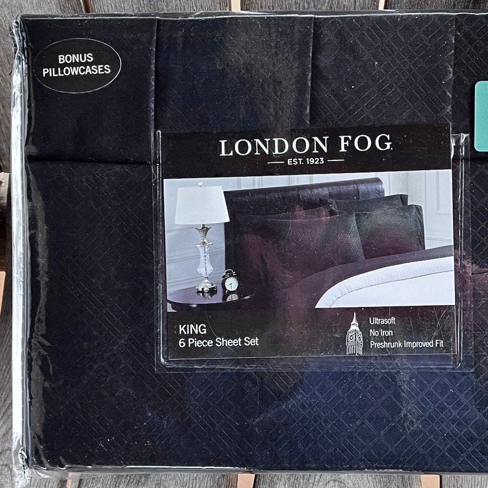 6-pc London Fog KING SIZE Sheet Set - BLACK  / 2 BONUS pillowcases
